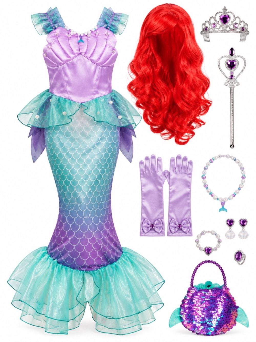 Girls Purple & Teal Mermaid Costume Dress with Accessories